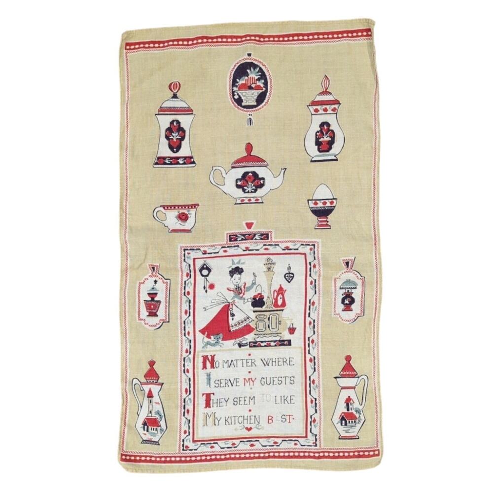 Vintage Tea Towel Linen 1950s Beige Red Tea Pots Cat  Kitchen Sampler 16x28